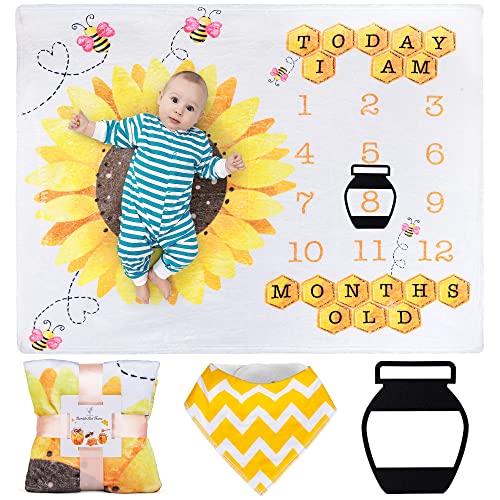 SUKOON Sunflower Monthly Milestone Blankets for Baby Boy/Girl | 47 x 40 inch | Bumblebee Age Photo Blanket with Marker and Bibs - Perfect Addition to The Baby Photo Album