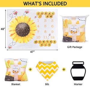 SUKOON Sunflower Monthly Milestone Blankets for Baby Boy/Girl | 47 x 40 inch | Bumblebee Age Photo Blanket with Marker and Bibs - Perfect Addition to The Baby Photo Album