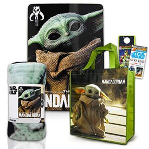 classic disney star wars baby yoda fleece blanket set for kids, teens, adults - bundle with 45x60 inch baby yoda throw blanket, tote bag, stickers and more (mandalorian baby yoda room decor)
