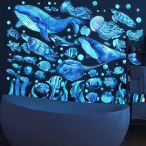 Glow in The Dark Under The Sea Wall Decals Glowing Ocean World Themed Wall Stickers Sea Turtle Seaweed Jellyfish Removable Wall Decor for Bathroom Bedroom Nursery Toddler Kids Boys Girls Room