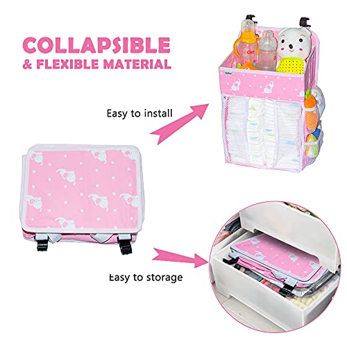 Selbor Baby Nursery Organizer and Diaper Caddy, Hanging Diaper Stacker Storage for Changing Table, Crib, Playard - Nursery Organization for Newborn (Pink Starry Elephant, Bottle Cooler Included)