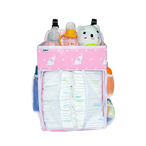 Selbor Baby Nursery Organizer and Diaper Caddy, Hanging Diaper Stacker Storage for Changing Table, Crib, Playard - Nursery Organization for Newborn (Pink Starry Elephant, Bottle Cooler Included)