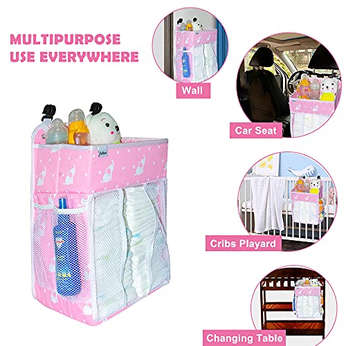 Selbor Baby Nursery Organizer and Diaper Caddy, Hanging Diaper Stacker Storage for Changing Table, Crib, Playard - Nursery Organization for Newborn (Pink Starry Elephant, Bottle Cooler Included)