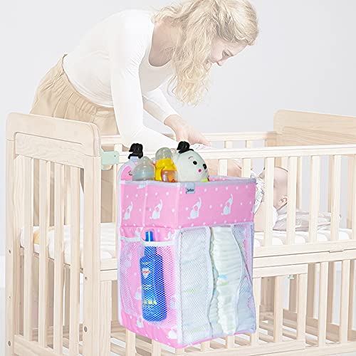 Selbor Baby Nursery Organizer and Diaper Caddy, Hanging Diaper Stacker Storage for Changing Table, Crib, Playard - Nursery Organization for Newborn (Pink Starry Elephant, Bottle Cooler Included)