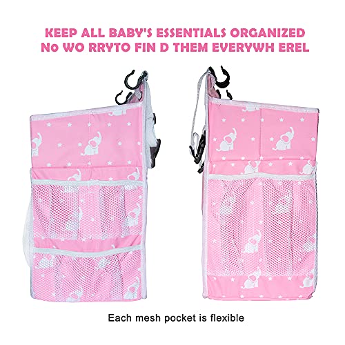 Selbor Baby Nursery Organizer and Diaper Caddy, Hanging Diaper Stacker Storage for Changing Table, Crib, Playard - Nursery Organization for Newborn (Pink Starry Elephant, Bottle Cooler Included)