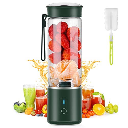 Portable Blender,Personal Hand Smoothie Travel Blender Cup, Fruit Mixer, 7.4V Bigger Motor Mini Blender for Fruit Juice,Milk Shakes,Baby Food, 400ML, Rechargeable,New Sharp 6 Blades for Great Mixing (Green)