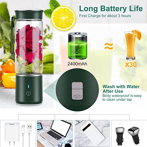 Portable Blender,Personal Hand Smoothie Travel Blender Cup, Fruit Mixer, 7.4V Bigger Motor Mini Blender for Fruit Juice,Milk Shakes,Baby Food, 400ML, Rechargeable,New Sharp 6 Blades for Great Mixing (Green)