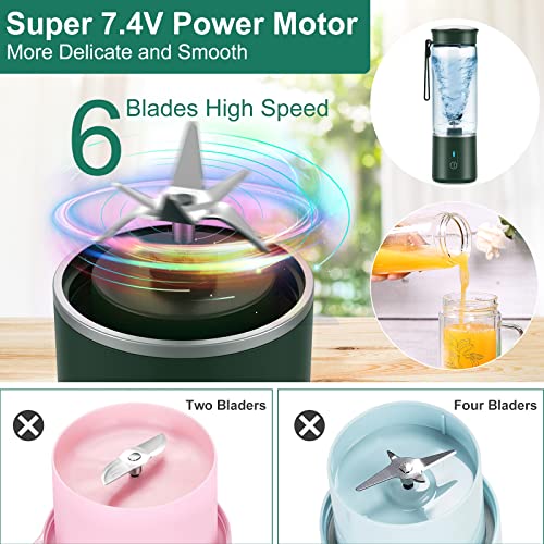 Portable Blender,Personal Hand Smoothie Travel Blender Cup, Fruit Mixer, 7.4V Bigger Motor Mini Blender for Fruit Juice,Milk Shakes,Baby Food, 400ML, Rechargeable,New Sharp 6 Blades for Great Mixing (Green)