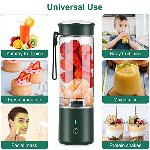 Portable Blender,Personal Hand Smoothie Travel Blender Cup, Fruit Mixer, 7.4V Bigger Motor Mini Blender for Fruit Juice,Milk Shakes,Baby Food, 400ML, Rechargeable,New Sharp 6 Blades for Great Mixing (Green)