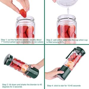 Portable Blender,Personal Hand Smoothie Travel Blender Cup, Fruit Mixer, 7.4V Bigger Motor Mini Blender for Fruit Juice,Milk Shakes,Baby Food, 400ML, Rechargeable,New Sharp 6 Blades for Great Mixing (Green)