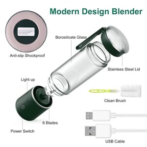 Portable Blender,Personal Hand Smoothie Travel Blender Cup, Fruit Mixer, 7.4V Bigger Motor Mini Blender for Fruit Juice,Milk Shakes,Baby Food, 400ML, Rechargeable,New Sharp 6 Blades for Great Mixing (Green)