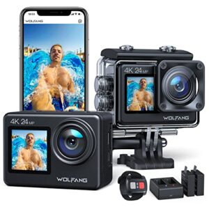 wolfang ga200 24mp 4k action camera 40m waterproof underwater camera for snorkeling, eis wifi adjustable wide angle dual screen camera for vlog, webcam(charger, remote control and helmet accessories)