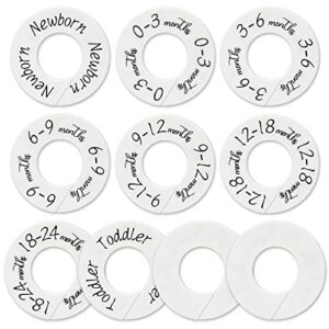 baby closet dividers - set of 10 from newborn to toddler and 2 blanks with colored box,baby size divider fits 1.65" rod- [white unisex]