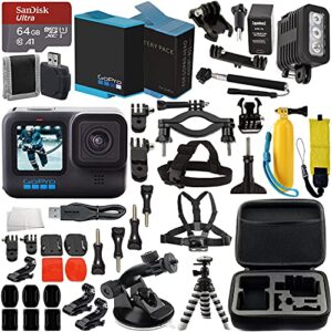 gopro hero10 (hero 10) black with premium accessory bundle: sandisk ultra 64gb microsd memory card, replacement battery, underwater led light with bracket, water resistant protective case & more