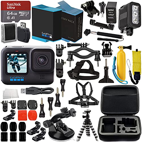 GoPro HERO10 (Hero 10) Black with Premium Accessory Bundle: SanDisk Ultra 64GB microSD Memory Card, Replacement Battery, Underwater LED Light with Bracket, Water Resistant Protective Case & More