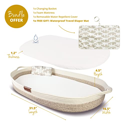 Yunioo Deluxe Baby Changing Basket with Extra Travel Diaper pad, Foam Changing pad and Water Repellent Cover, Cotton Rope Moses Basket, Changing Table Topper for Dresser (Sydney White Beige)