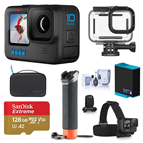 GoPro HERO10 Black, Waterproof Action Camera, 5.3K60/4K Video Bundle with Protective Housing, Adventure Kit, 128GB microSD Card, Extra Battery, Cleaning Kit