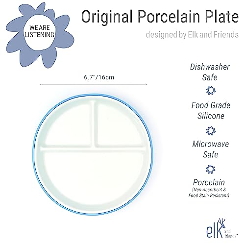 Elk and Friends 6.7" Kids Porcelain White Plates with Silicone Sleeves | Divided Plates | Suitable for Kids/Toddlers | Microwave & Dishwasher Safe | Non Slip | Snack Dishes