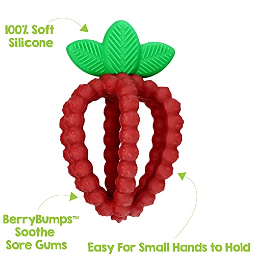 RaZbaby Silicone Infant & Baby Teething Toy, Textured BerryBumps Soothe Babies’ Sore Gums, RaZberry Bites Relief Teether, Back & Front Teeth, BPA Free, Easy to Hold, Fruit Shape for Babies 3M+ - Red