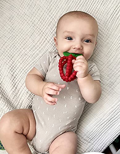 RaZbaby Silicone Infant & Baby Teething Toy, Textured BerryBumps Soothe Babies’ Sore Gums, RaZberry Bites Relief Teether, Back & Front Teeth, BPA Free, Easy to Hold, Fruit Shape for Babies 3M+ - Red