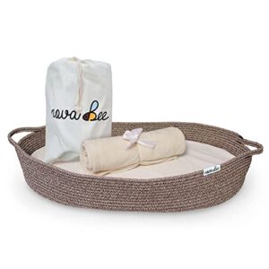 baby changing basket- cotton rope changing table topper moses basket, thick foam pad with removable cotton cover- storage bag and plush blanket- cpsc safety compliant- boho decor in coffee color