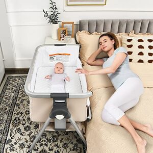 baby joy baby bassinet, portable bassinet bedside sleeper w/mattress, carrying bag, storage, mesh, built-in wheel, adjustable height/angle, folding crib for newborn infant, bedside bassinet, beige