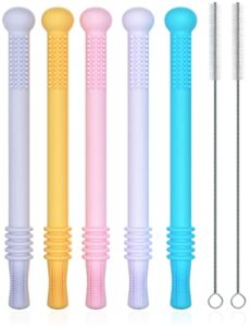 mothby teething sticks for babies pack of 5, 6.3 inches long with 2 pcs of cleaning brushes straws for 3-12 months old babies, premium food grade silicone, refrigerator & dishwasher safe