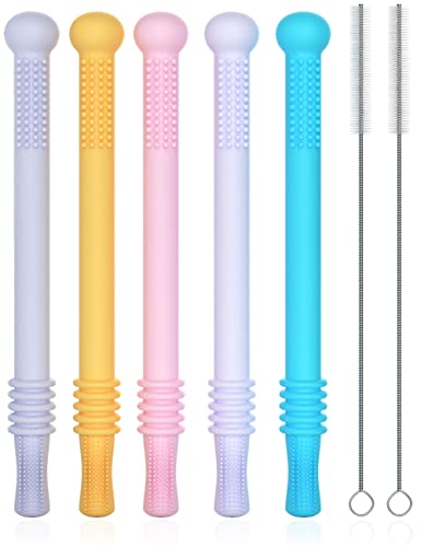 Mothby Teething Sticks for Babies Pack of 5, 6.3 Inches Long with 2 Pcs of Cleaning Brushes Straws for 3-12 Months Old Babies, Premium Food Grade Silicone, Refrigerator & Dishwasher Safe