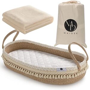 maidek baby changing basket - handmade woven cotton rope moses basket - changing table topper with mattress pad, removable cover, soft blanket, furniture - 29x16x4.7"