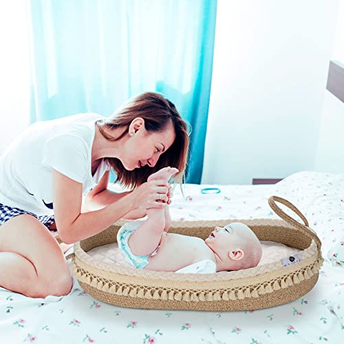 Maidek Baby Changing Basket - Handmade Woven Cotton Rope Moses Basket - Changing Table Topper with Mattress Pad, Removable Cover, Soft Blanket, Furniture - 29x16x4.7"