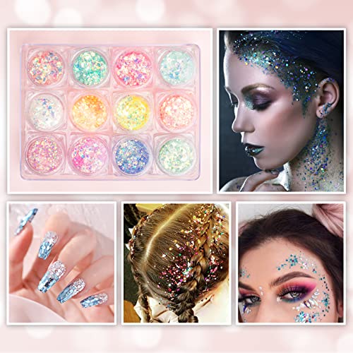 Glow in The Dark Body Face Glitter Gel, 12 Colors Luminous , Self-Adhesive UV Black Light Iridescent Chunky Glitter for Hair/Eyeshadow, Carnival Party Halloween Makeup