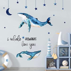 yovkky blue i whale always love you wall decals stickers, peel and stick neutral sea ocean animal moon stars nursery decor, colorful bedroom home decorations kids baby boys girls playroom art gifts
