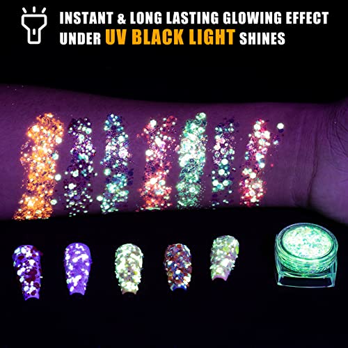 Glow in The Dark Body Face Glitter Gel, 12 Colors Luminous , Self-Adhesive UV Black Light Iridescent Chunky Glitter for Hair/Eyeshadow, Carnival Party Halloween Makeup