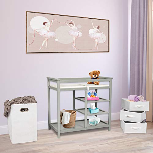 Kinbor Wood Baby Changing Table - Infant Diaper Changing Station and Dresser, Nursery Organizer with Pad, Laundry Hamper and 3 Storage Baskets, Gray