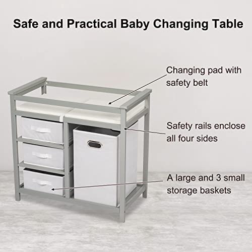 Kinbor Wood Baby Changing Table - Infant Diaper Changing Station and Dresser, Nursery Organizer with Pad, Laundry Hamper and 3 Storage Baskets, Gray