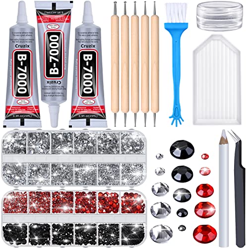 B-7000 Glue for Rhinestones Crafts, 4000Pcs Upgrade Crystal Clear Flatback Rhinestones with 3Pcs Adhesive Glue Dotting Pen Wax Pencil Tray Tool for Nail Art Tumbler DIY Jewelry Beads Shoes Clothes