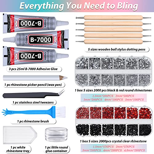 B-7000 Glue for Rhinestones Crafts, 4000Pcs Upgrade Crystal Clear Flatback Rhinestones with 3Pcs Adhesive Glue Dotting Pen Wax Pencil Tray Tool for Nail Art Tumbler DIY Jewelry Beads Shoes Clothes