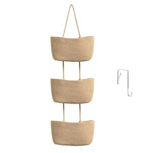 teokj over the door hanging basket, 3-tier woven cotton wall-mounted storage organizer bag decorative hanging kitchen baskets - jute