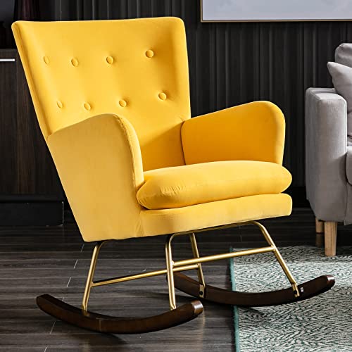 HEAH-YO Comfy Nursery Rocking Chair, Modern Glider Rocker Chair with Armrest, Upholstered Relax Velvet Lounge Chair with Thick Cushion for Living Room, Yellow