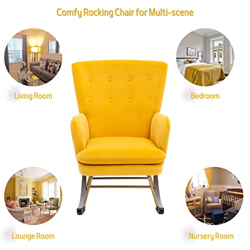 HEAH-YO Comfy Nursery Rocking Chair, Modern Glider Rocker Chair with Armrest, Upholstered Relax Velvet Lounge Chair with Thick Cushion for Living Room, Yellow