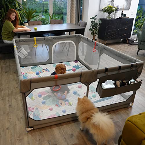 Baby Playpen Set(Grey 75"*59"), playpin for Babies and Toddlers, Extra Large Baby Fence Area with Anti-Slip Base,Playard Indoor & Outdoor with Playmat