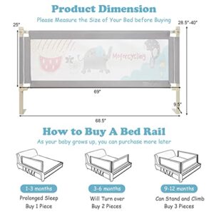 BABY JOY Bed Rail for Toddlers, 69’’ Extra Long, Height Adjustable & Foldable Baby Bed Rail Guard w/Breathable Mesh & Double Safety Child Lock for Kids Twin Double Full Size Queen King Mattress, Gray