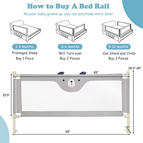 BABY JOY Bed Rail for Toddlers, 69’’ Extra Long, Height Adjustable & Folding Baby Bed Rail Guard w/Breathable Mesh & Double Safety Child Lock for Kids Twin Double Full Size Queen King Mattress (Gray)