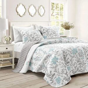 lush decor yellow aprile reversible quilt 3 piece floral leaf design bedding set, full/queen, blue & gray