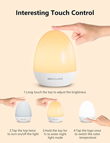 MediAcous Night Lights for Kids Room, Baby Night Light with Stable Charging Pad, Dimmable Kids Night Light with 1H Timer & Touch Control, ABS+PC LED Egg Lamps for Breastfeeding, Up to 200H