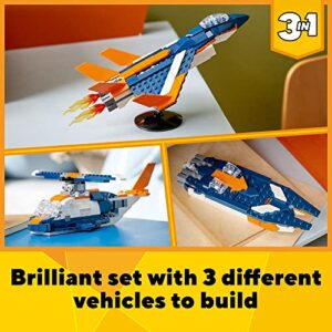 LEGO Creator 3in1 Supersonic Jet Plane to Helicopter to Speed Boat Toy Set 31126, Buildable Vehicle Models for Kids, Boys and Girls 7 Plus Years Old