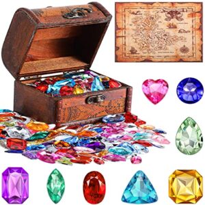 civaner 101 pieces pirate wooden treasure chest toy box antique color with 100 pieces gems for party favors props decoration kids storage treasure chest cosplay party