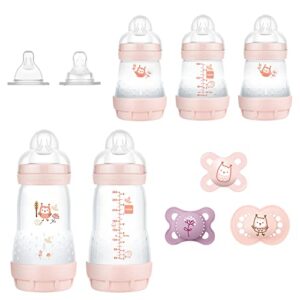 mam newborn essentials "baby essentials" matte gift set (9-piece), easy start anti-colic baby bottles, baby pacifiers, girl
