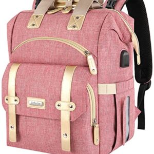 Jiefeike Diaper Bag Backpack,Baby Boys Girls Travel Backpack Diaper Bag for Dad Mom,Insulated Pockets Portable Pink Baby Nappy Bags with USB Charging Port,RFID Anti-Theft Pocket Stroller Straps