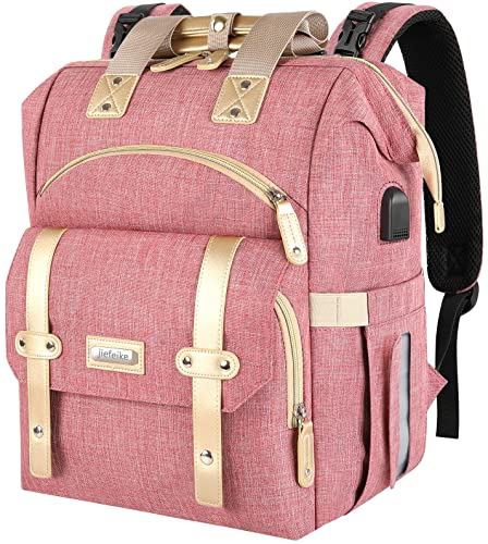 Jiefeike Diaper Bag Backpack,Baby Boys Girls Travel Backpack Diaper Bag for Dad Mom,Insulated Pockets Portable Pink Baby Nappy Bags with USB Charging Port,RFID Anti-Theft Pocket Stroller Straps